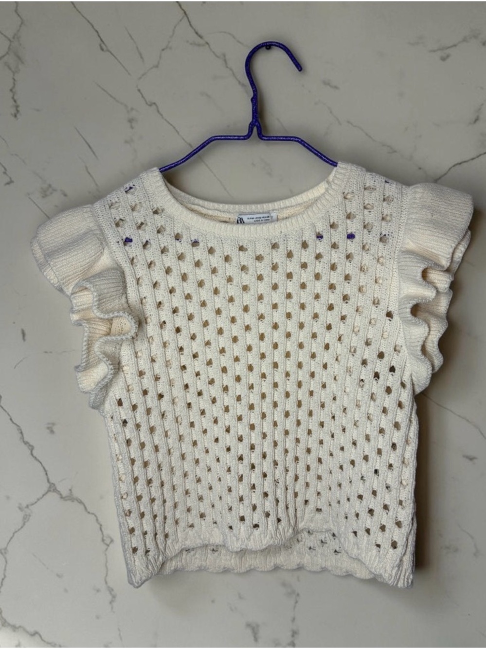 Zara Cream Open-Knit Ruffle Sleeve Top